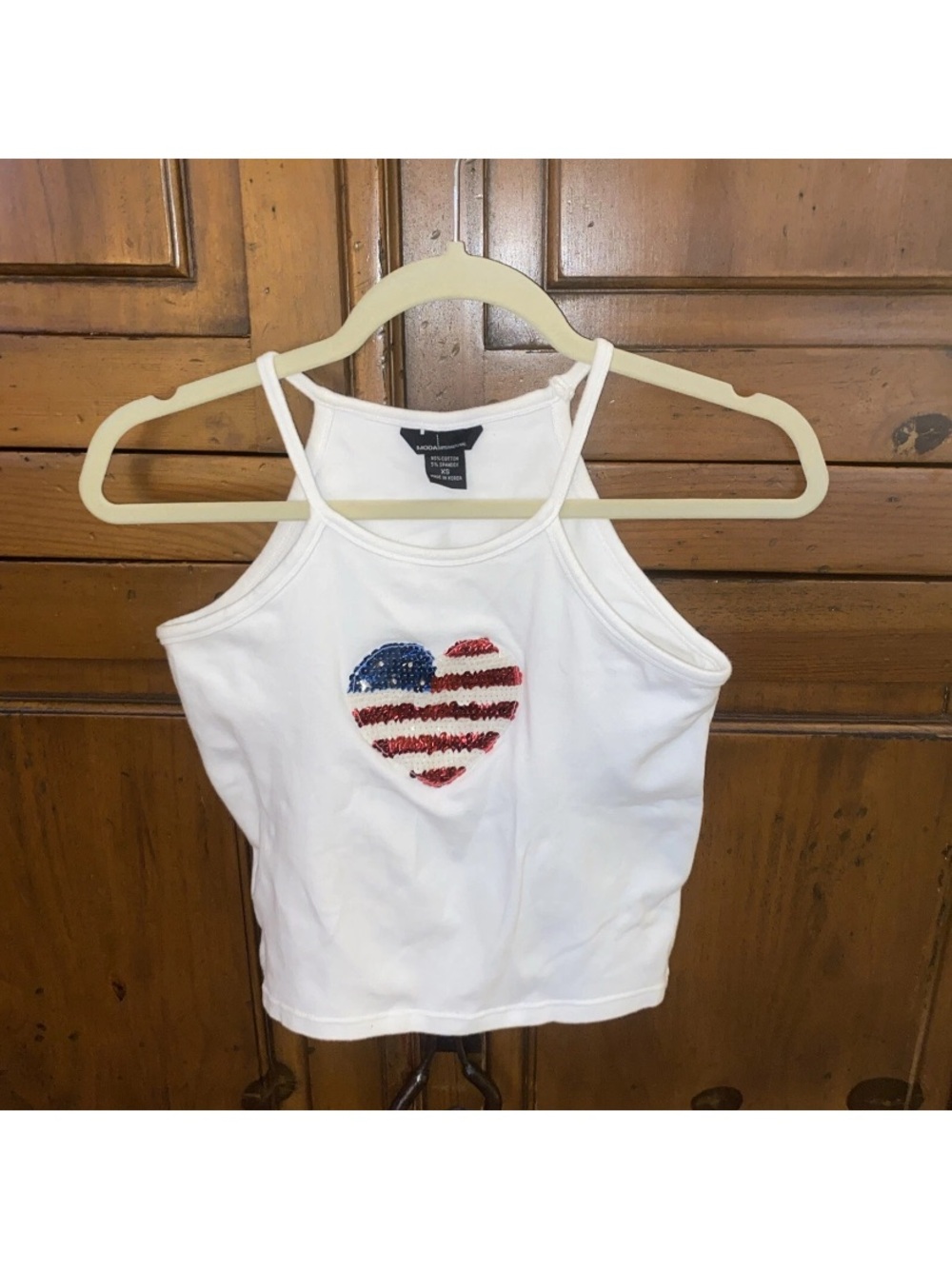 Vintage Moda Int'l Y2K Cropped Tank Top-Womens XS-White-US Flag-Heart-Sequins